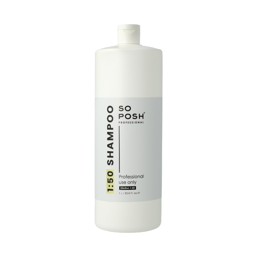 White shampoo bottle labeled '1:50 Shampoo 1L' on a white background