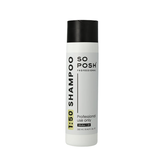 Shampoo bottle labeled '1:50 So Posh 250ml' on a white background